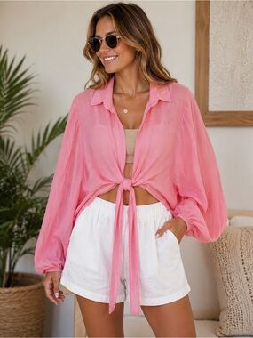 NT By Amati Pink Linen Tie Front Top One Size Made in Italy NWT